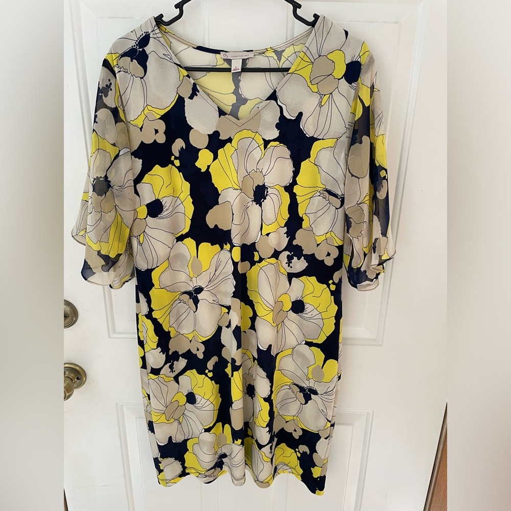 Floral Shift Dress Sheer Sleeve db Established 1962 Large v-neck yellow blue